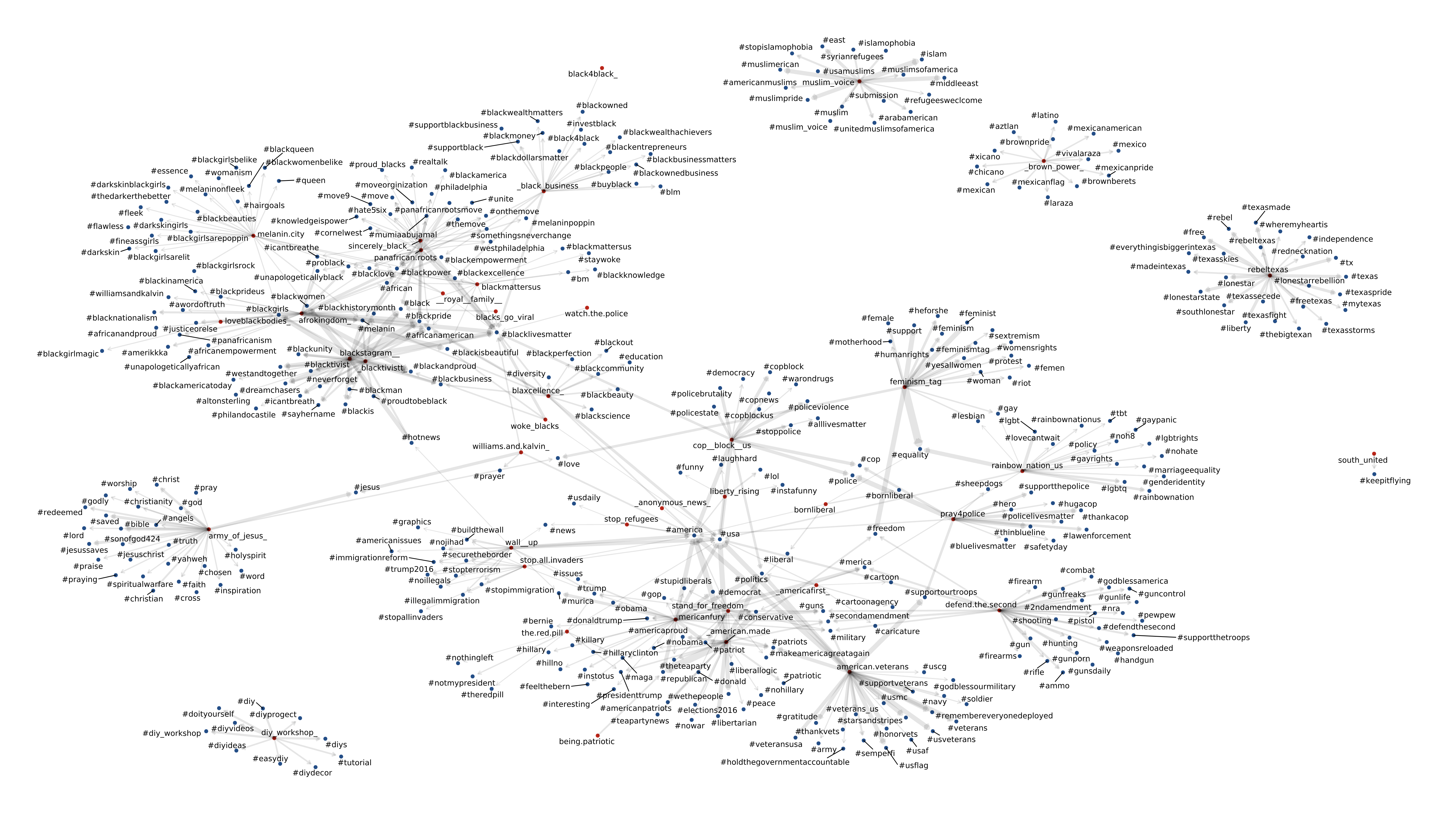 A visualization of the network graph obtained by examining hashtags leveraged by IRA Instagram accounts. Red dots indicate a known, attributed IRA account name, blue dots denote hashtags mentioned at least 1000 times.