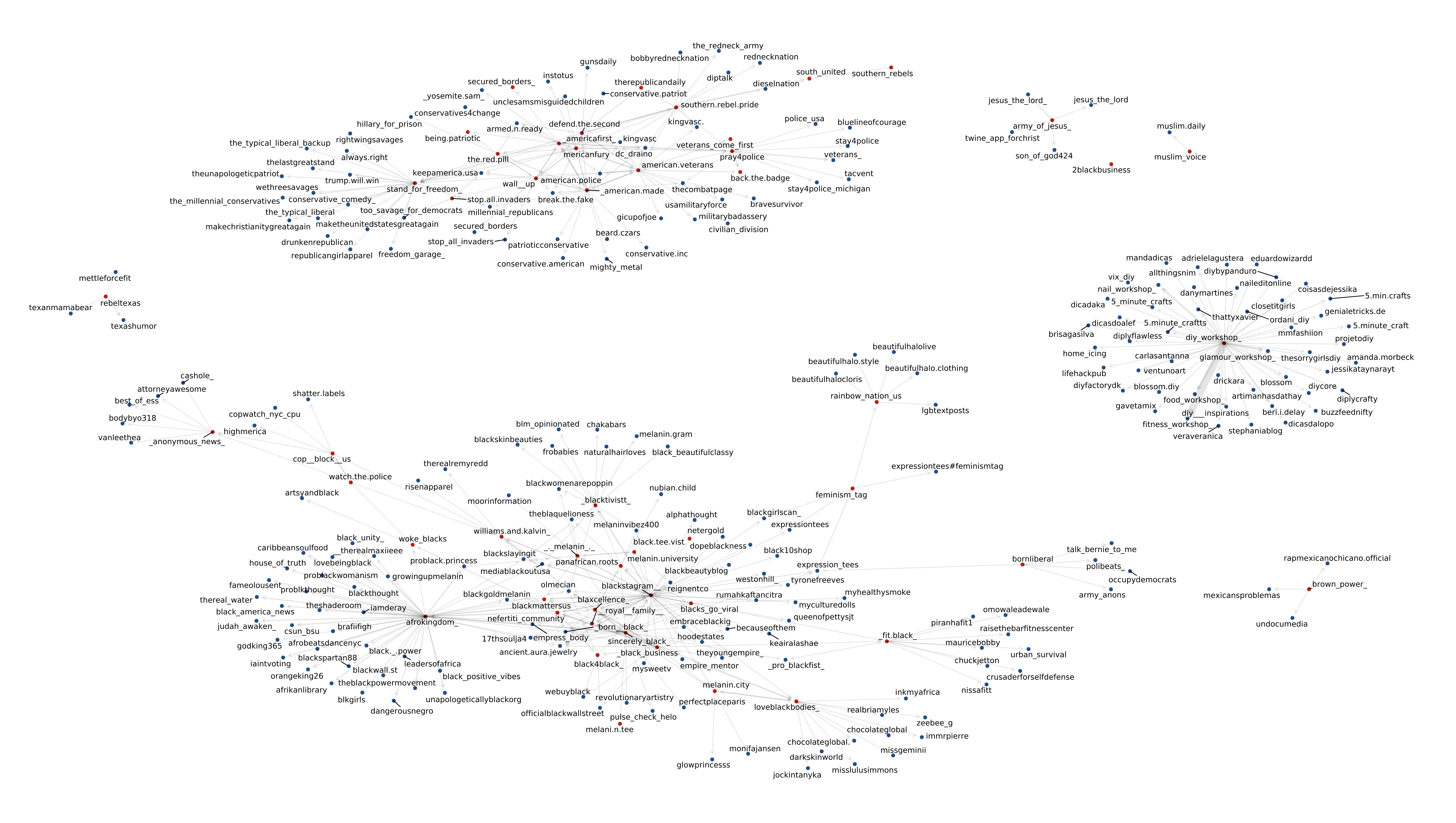A visualization of the network graph obtained by examining mentions and regrams by IRA Instagram accounts. Red dots indicate a known, attributed IRA account, blue dots denote accounts mentioned or regrammed more than 10 times.