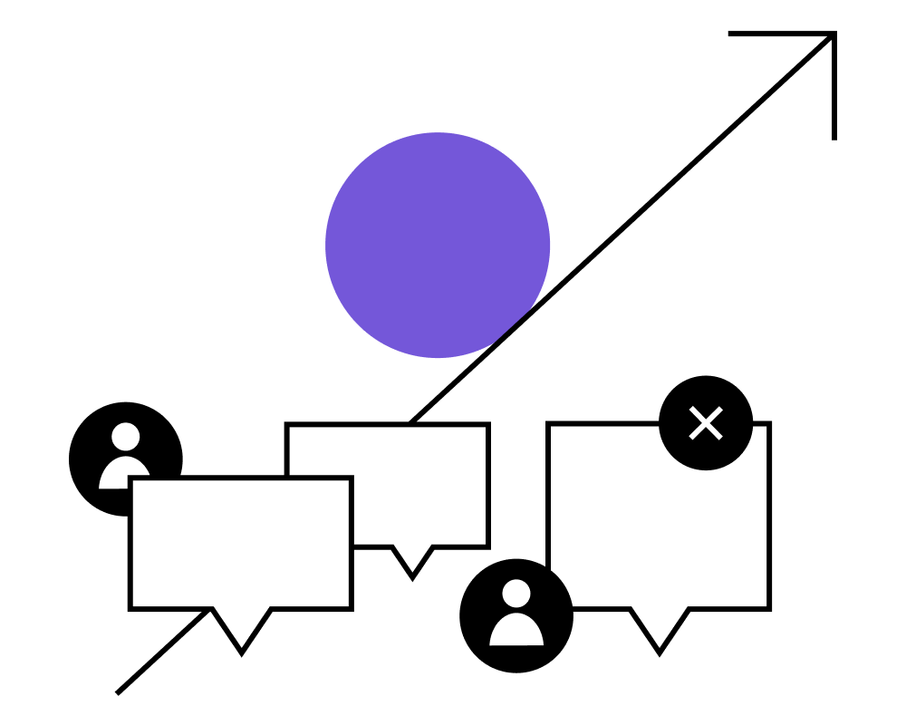 Purple circle ascending above the conversation bubbles, likes, and icons